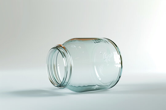 A clear, empty jam jar with a slightly textured label, lying on its side on a bright white background, showing the inner reflections of the glass.