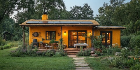 Fototapeta premium Charming yellow cottage with solar panels, surrounded by lush greenery and a stone pathway.