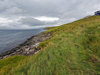 Tall grass waves in the wind on the coast of the North Atlantic Ocean. Low clouds and fog hang over the horizon. Located on the remote Scandinavian island of Nólsoy within the Faroe Islands.