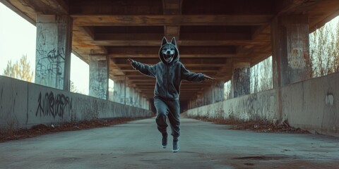 Therian girl in a wolf costume practicing quadrobics under a bridge, energetic and moody,