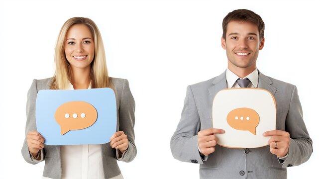 Professional communication and networking: young business professionals holding speech bubble signs
