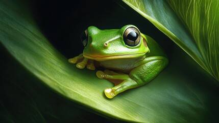 Close-Up of a Vibrant Green Tree Frog Resting Among Lush Green Leaves in a Serene Natural Habitat, Capturing the Essence of Wildlife Beauty and Biodiversity