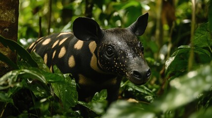 Fototapeta premium Captivating Image of a Young Tapir in Lush Tropical Forest, Showcasing Its Unique Spotty Coat Surrounded by Vibrant Green Foliage and Dense Vegetation