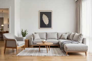 Contemporary minimalist living room with elegant neutral tones and modern furniture in cozy apartment.