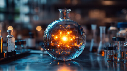 glowing glass globe with swirling patterns resembling quantum behavior, set against a blurred laboratory background, symbolizing science, innovation, and the mysteries of quantum mechanics
