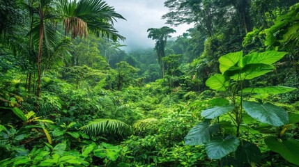 Fototapeta premium Lush Green Rainforest with Dense Vegetation and Misty Atmosphere in Tropical Wilderness, Showcasing Vibrant Plant Life and Serene Natural Beauty