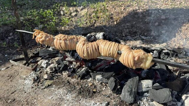 Sa Cordula or sa corda or braided lamb innards cooked on the grill, a typical Sardinian dish
