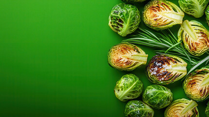 Grilled Brussels sprouts with vibrant green background create fresh and appetizing scene. charred edges add delightful texture to this healthy dish
