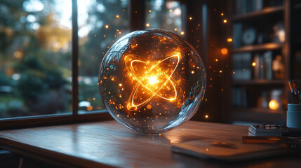 glowing glass globe with swirling patterns resembling quantum behavior, set against a blurred laboratory background, symbolizing science, innovation, and the mysteries of quantum mechanics