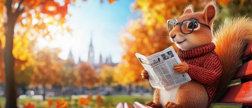 A stylish squirrel wearing glasses enjoys reading a newspaper.