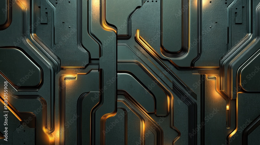 Poster abstract close-up of dark circuit board with illuminated paths and textured background for futuristi