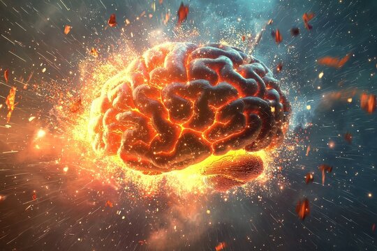 Exploding brain with knowledge and creativity, A dramatic and powerful image of a brain exploding with knowledge and creativity, symbolizing intellectual expansion.