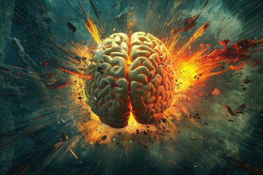 Exploding brain with knowledge and creativity, A dramatic and powerful image of a brain exploding with knowledge and creativity, symbolizing intellectual expansion.