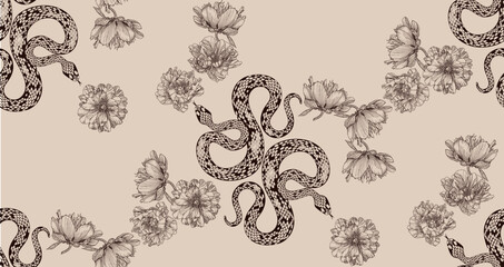 
A pattern of brown snakes intertwined with floral designs creates a nature-inspired piece of art with serpentine shapes and intricate details.