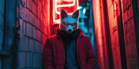 Young man in a fox mask posing under a neon sign in an industrial alley, edgy and modern,