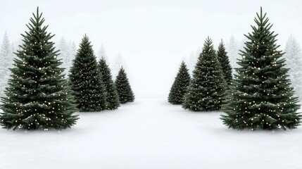 Naklejka premium A winter wonderland with a charming path lined by twinkling Christmas trees under falling snow