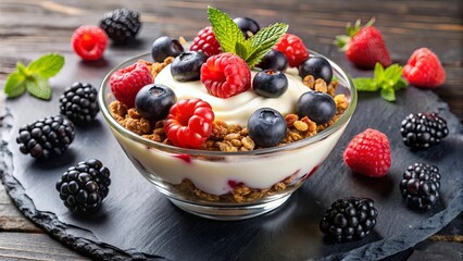 A delightful parfait featuring creamy yogurt, crunchy granola, and a vibrant medley of fresh raspberries, blueberries, and blackberries, garnished with a sprig of mint.