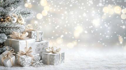 festive silver podium surrounded by a beautifully decorated Christmas tree and neatly wrapped gift boxes. The shimmering background evokes celebration, joy, and the spirit of holiday giving