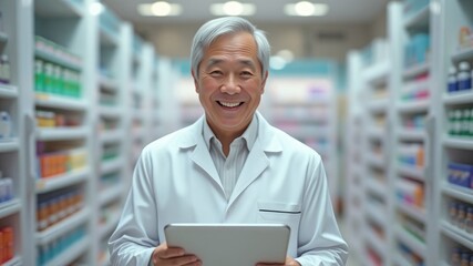 Elderly Asian pharmacist, a man in a white coat, gray hair, a doctor with a folder in his hands looks at the frame and smiles, a Thai sells medicines, shelves with pills