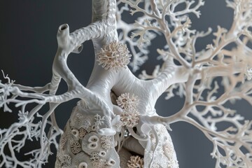 3D model of oxygen and carbon dioxide exchange process in lungs, A delicate white paper sculpture featuring intricate branches, showcasing artistry and craftsmanship in a minimalist design.