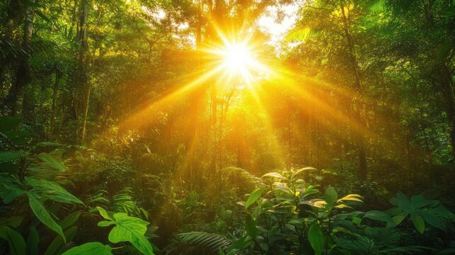 Majestic Sun Rays Streaming Through Lush Green Forest Leaves Creating a Serene and Tranquil Atmosphere in Nature's Splendor