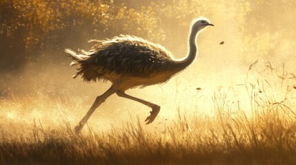 Rhea Running Through Golden Grass