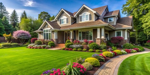 A Front View of a Two-Story House with a Well-Maintained Lawn and Flower Beds, Landscape Design, Home Exterior, House Photography, Real Estate Photography, House with Lawn, House with Flowers