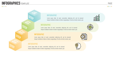 Infographic template or element with 4 step, process, option, colorful 3D square, rectangle, box layer, pyramid, funnel, icons on white background for sale slide, minimal modern simple style, origami