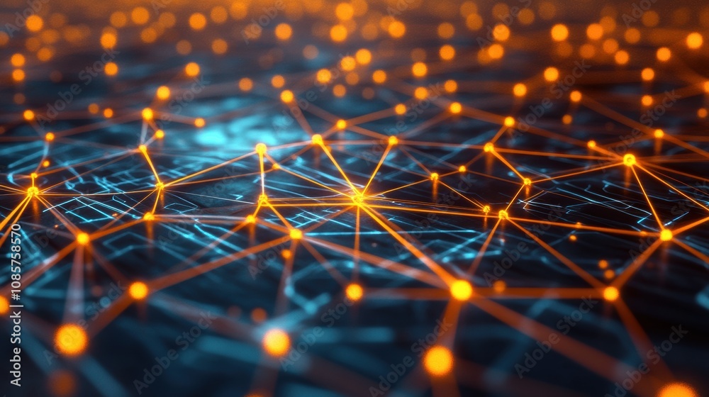 Poster Abstract visualization of interconnected nodes and glowing lines creating a digital network structure representing technology, communication, and data flow in a futuristic concept
