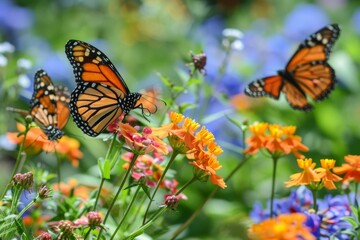 Obraz premium A beautiful butterfly garden with flowers in full bloom and butterflies fluttering about ,Group of Butterflies Soaring Above Colorful Field of Flowers in Natures Dance,