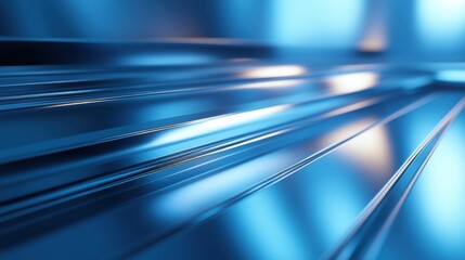 Abstract Close-Up of Shiny Metal Surface with Lines and Reflections in a Blue Toned Environment for Modern Backgrounds and Textures