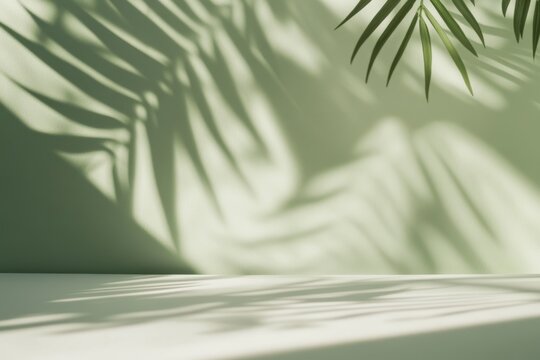 Minimal abstract background, light and shadow of tree leaves. Cosmetic product presentation. Premium podium. Pastel soft green wall, white table. Showcase display case. Front view. Mockup ad. Concrete
