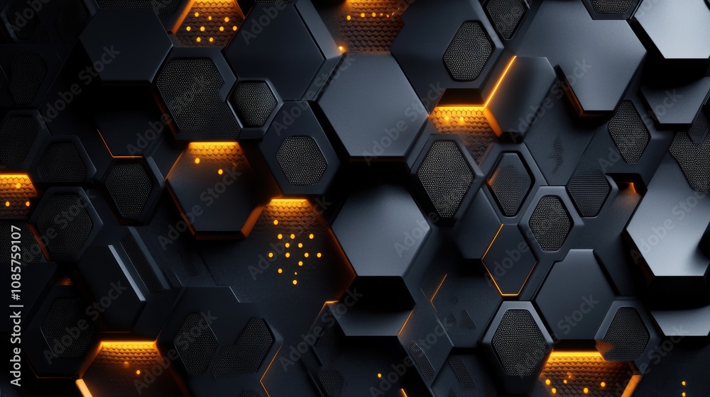 Poster abstract hexagonal patterns with glowing orange highlights on a dark background, representing techno