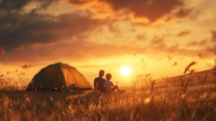 Sunset Camping Adventure: Family Silhouette at Golden Hour