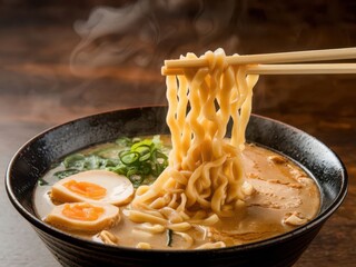 A steaming bowl of ramen topped with soft-boiled eggs and green onions, held with chopsticks, showcasing a delicious, comforting meal.