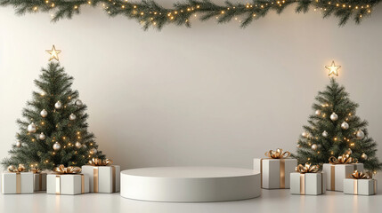 festive silver podium surrounded by a beautifully decorated Christmas tree and neatly wrapped gift boxes. The shimmering background evokes celebration, joy, and the spirit of holiday giving