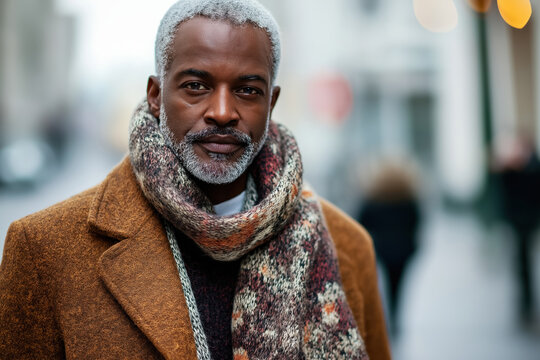 mature black man in stylish winter fashion, wearing a wool coat and multi colored scarf, on a city street