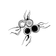 Artistic Illustration of Hands Sharing Coffee: A Minimalist Design Featuring Various Coffee Cups, Perfect for Celebrating Coffee Culture and Togetherness