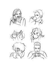 Stylized Coffee Enthusiasts: A Hand-Drawn Illustration Showcasing Diverse Individuals Enjoying Their Favorite Beverages, Capturing the Joy of Coffee Culture
