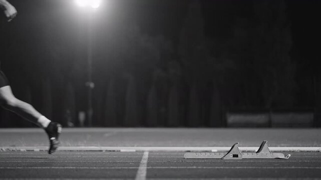 Strong Young Man Starting a Race From Track Starting Blocks Position on a Dark Stadium in the Evening. Cinematic Portrait of a Fit Male Sprint Runner Participating in a Competition