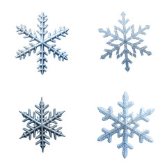 Four large frozen snowflakes against isolated background. Detailed macro photo. Winter scene. Festive decor. Potential use for holiday cards, seasonal prints, winter-themed projects. Great for winter
