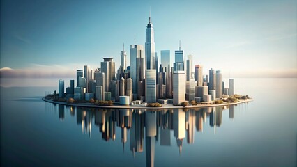 Modern Metropolis on an Island, Reflected in Calm Waters at Dawn