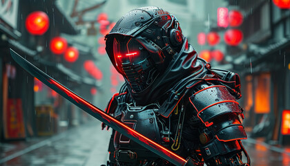 Fototapeta premium a cyborg ninja samurai with a red neon katana black cybernetic armour and hood standing in the rain, neon Tokyo, futuristic koi holograms, ancient Japanese dojo pagoda buildings, Chinese lanterns