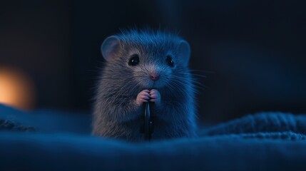 A cute, close-up image of a fluffy gray mouse holding a small object, set against a soft blue background, Ideal for pet-related articles, children's books, or wildlife education materials,
