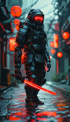 Obraz premium a cyborg ninja samurai with a red neon katana black cybernetic armour and hood standing in the rain, neon Tokyo, futuristic koi holograms, ancient Japanese dojo pagoda buildings, Chinese lanterns