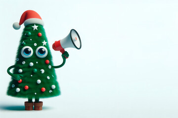 Christmas tree with megaphone on light background. Space for text.