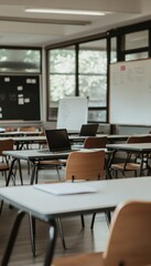 Fototapeta premium Bright and organized high school classroom with desks, whiteboard, and natural light