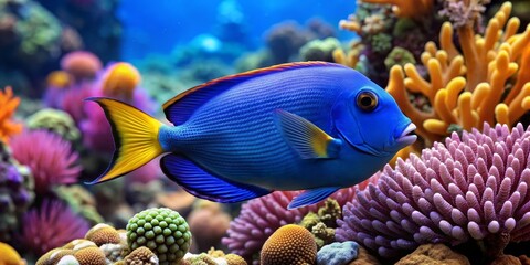 Fototapeta premium Blue Tang Fish in Vibrant Coral Reef, Underwater Paradise, Marine Life, Tropical Fish , Reef Tank, Coral