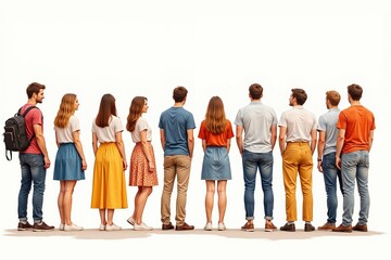 Obraz premium Diverse group of casual young adults standing side by side in colorful outfits facing away.