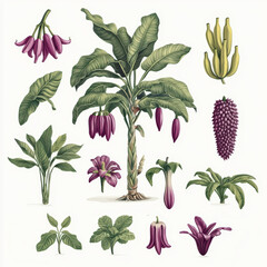Illustration of various plants, flowers, and bananas.